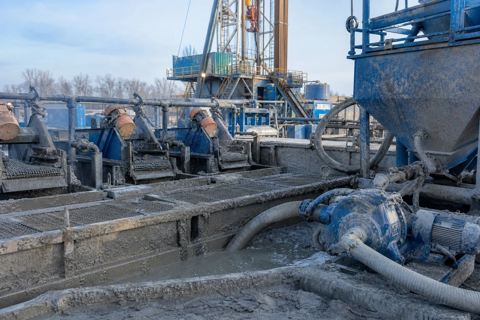 Water-based drilling fluid circulation and solids-control equipment on a land rig