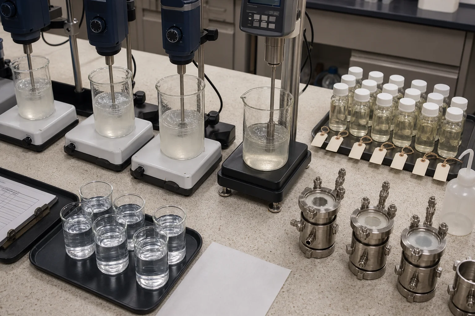 Oilfield polyacrylamide viscosity brine-compatibility and filtration tests