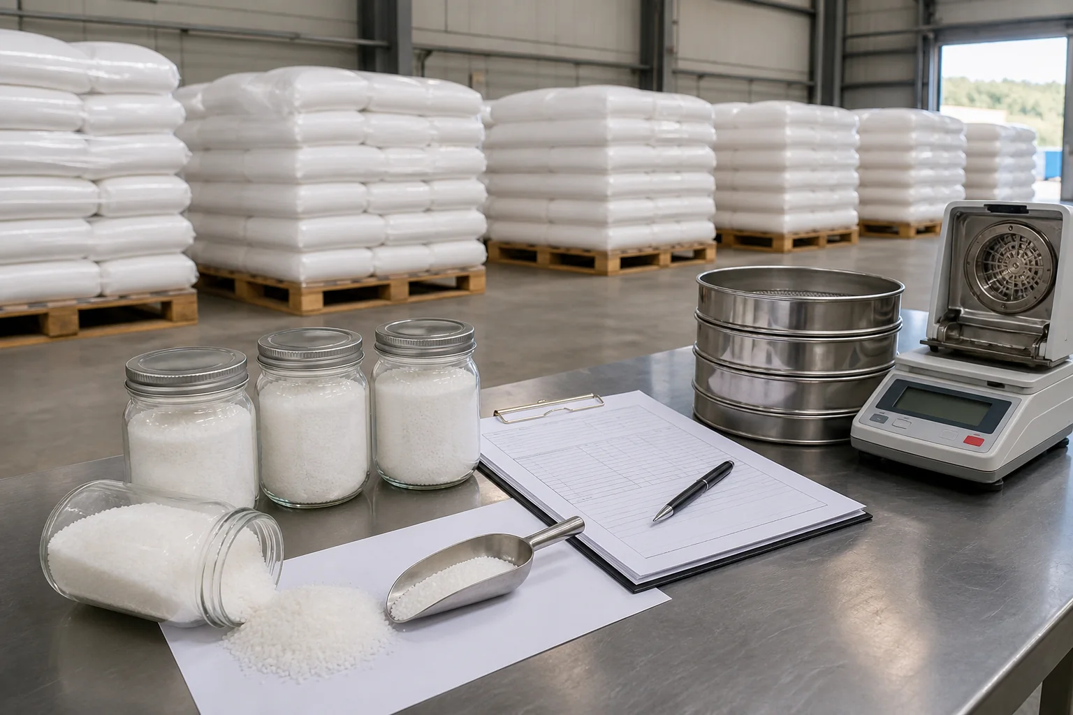 Polyacrylamide samples quality checks and plain export bags in a warehouse
