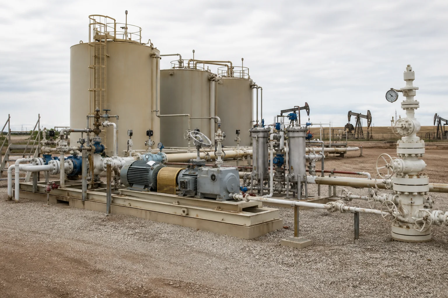Polymer flooding injection pumps filters tanks and wellhead manifold