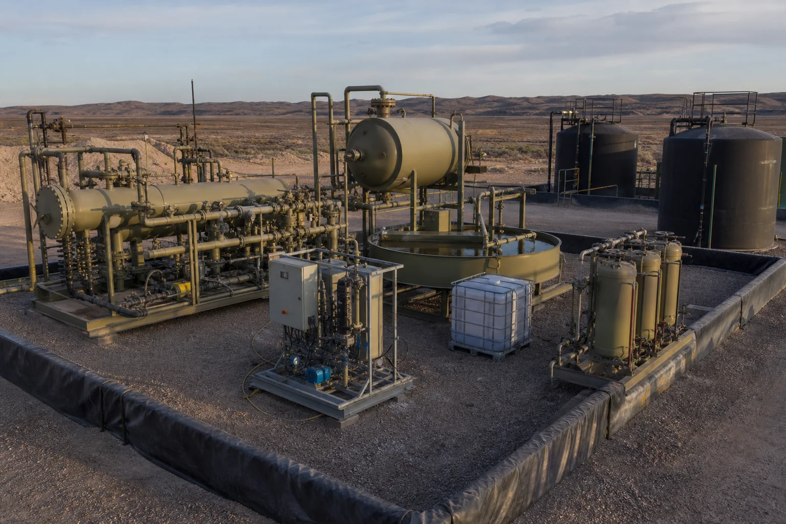Contained oilfield produced-water separation and chemical treatment equipment